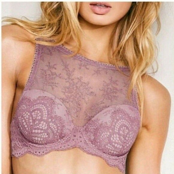 Victorias Secret Dream Angels Lined Demi Bra Lace High Neck 32DD Lavender NEW - Picture 5 of 8